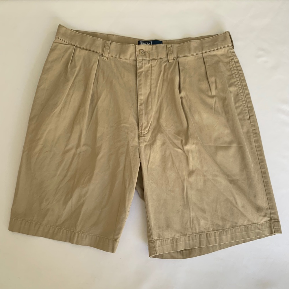 Polo Ralph Lauren Tyler Short Men 36 Tan Khaki Pleated Chino Old Money Ivy